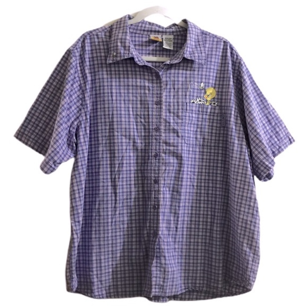 Tweety Bird Shirt Button Down Looney Tunes Toons Checkered 90s Cartoons Casual
